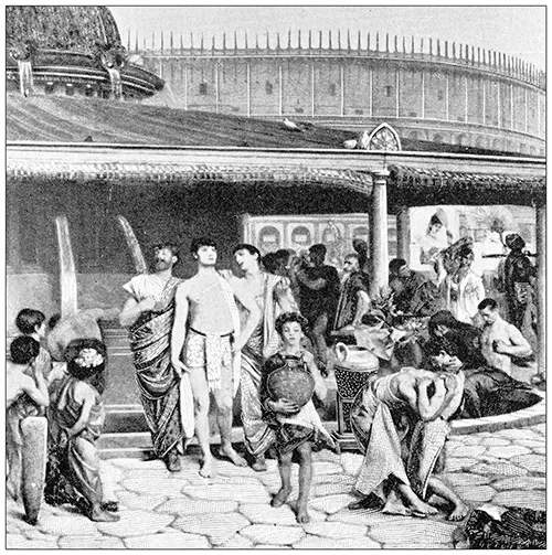 A historical illustration showing people in what appears to be an ancient marketplace or public bathhouse, suggesting a scene of trade or social interaction.