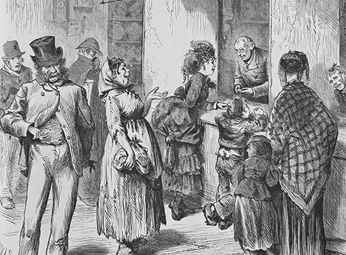 Another historical illustration of people interacting at a counter, likely a depiction of a pawn shop or similar establishment from the past.